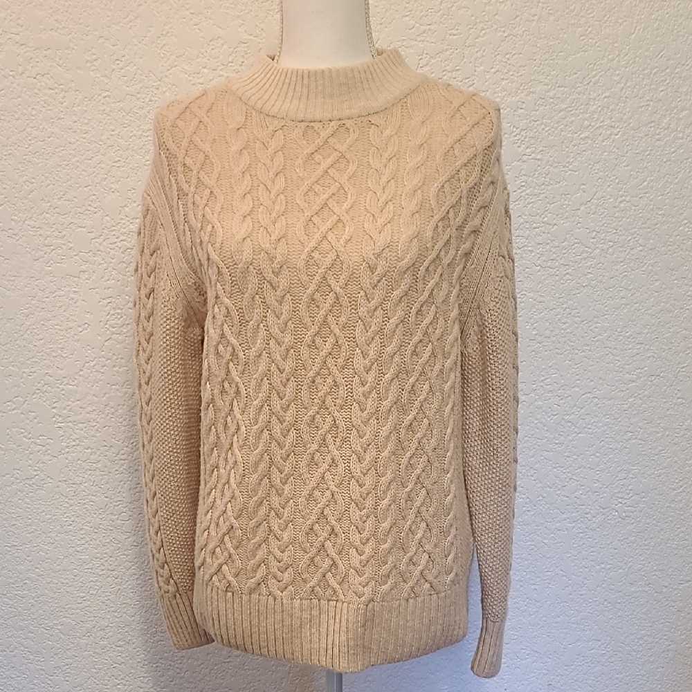 All Wool Cable Knit Sweater, Cream, Size L